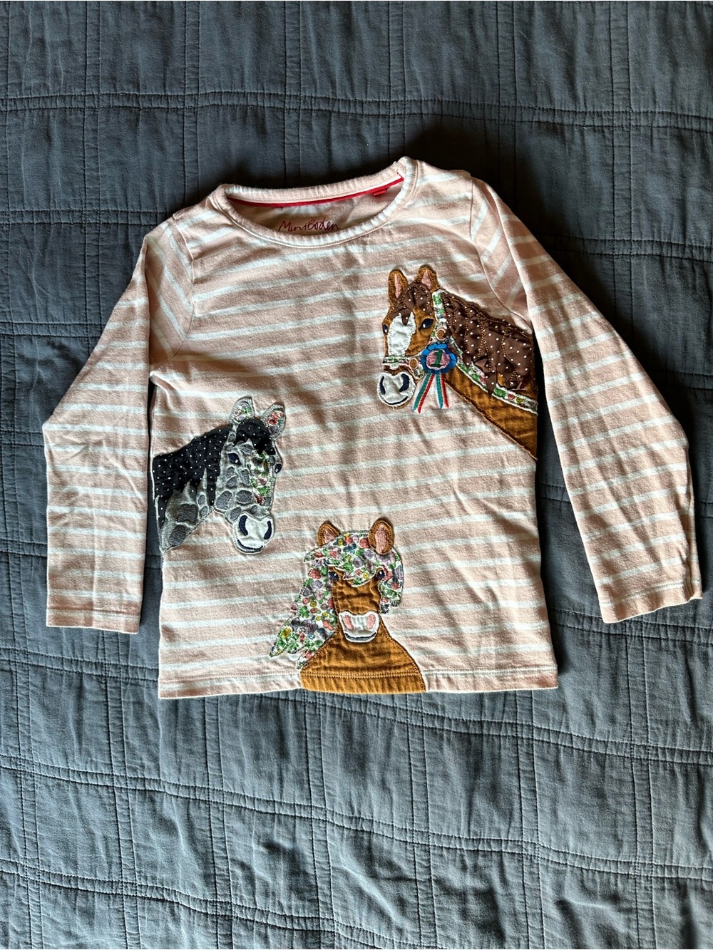 Mini Boden Pink and White Striped Long Sleeve Horse Appliqué Shirt Size 5-6Y